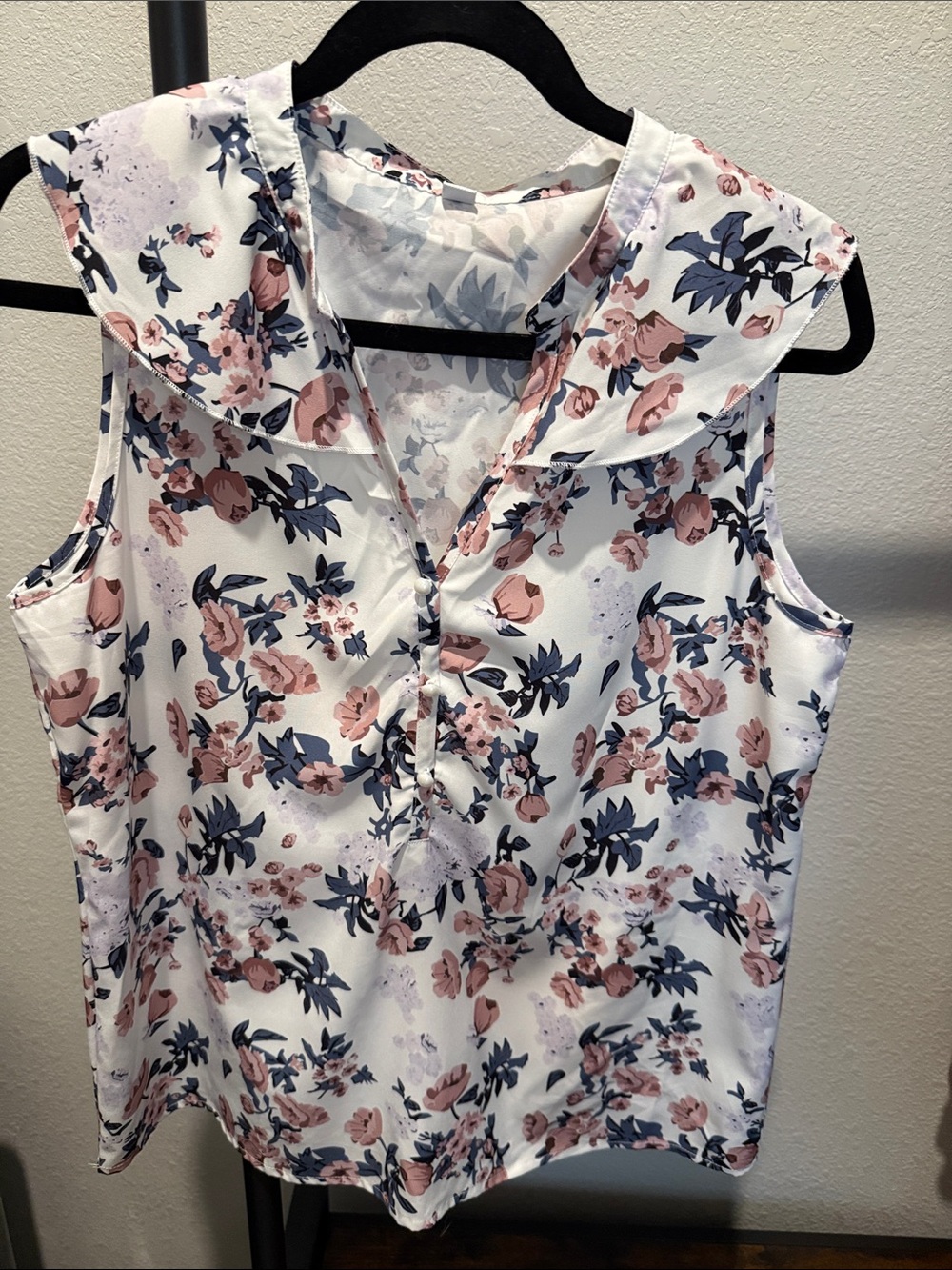 SHEIN White Sleeveless V-Neck Blouse with Pink & Navy Floral Print